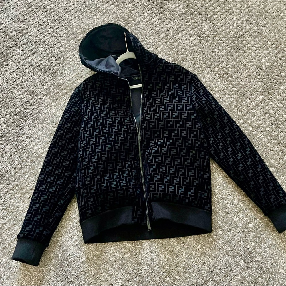 Hooded jacket with double slider zipper closure blouson with Fendi symbol